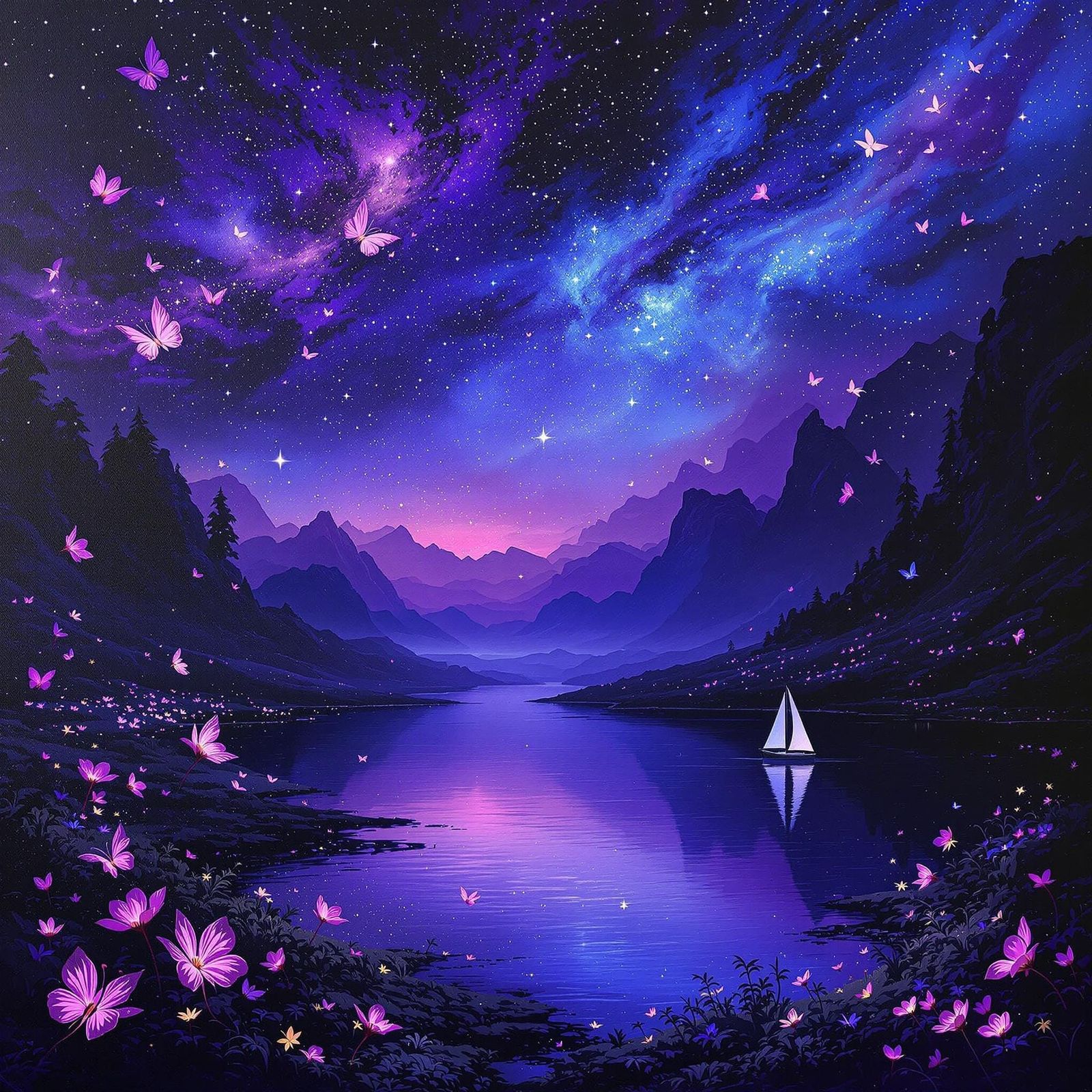 Moonlit Landscape with Purple Night Butterflies and Sailboat