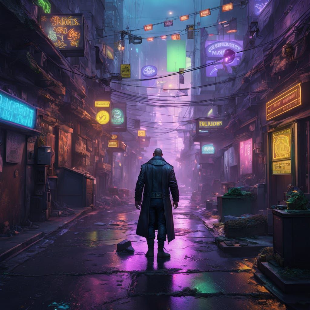 Cyberpunk Dwarf Peddles Illicit Wares in Gritty Alleyway
