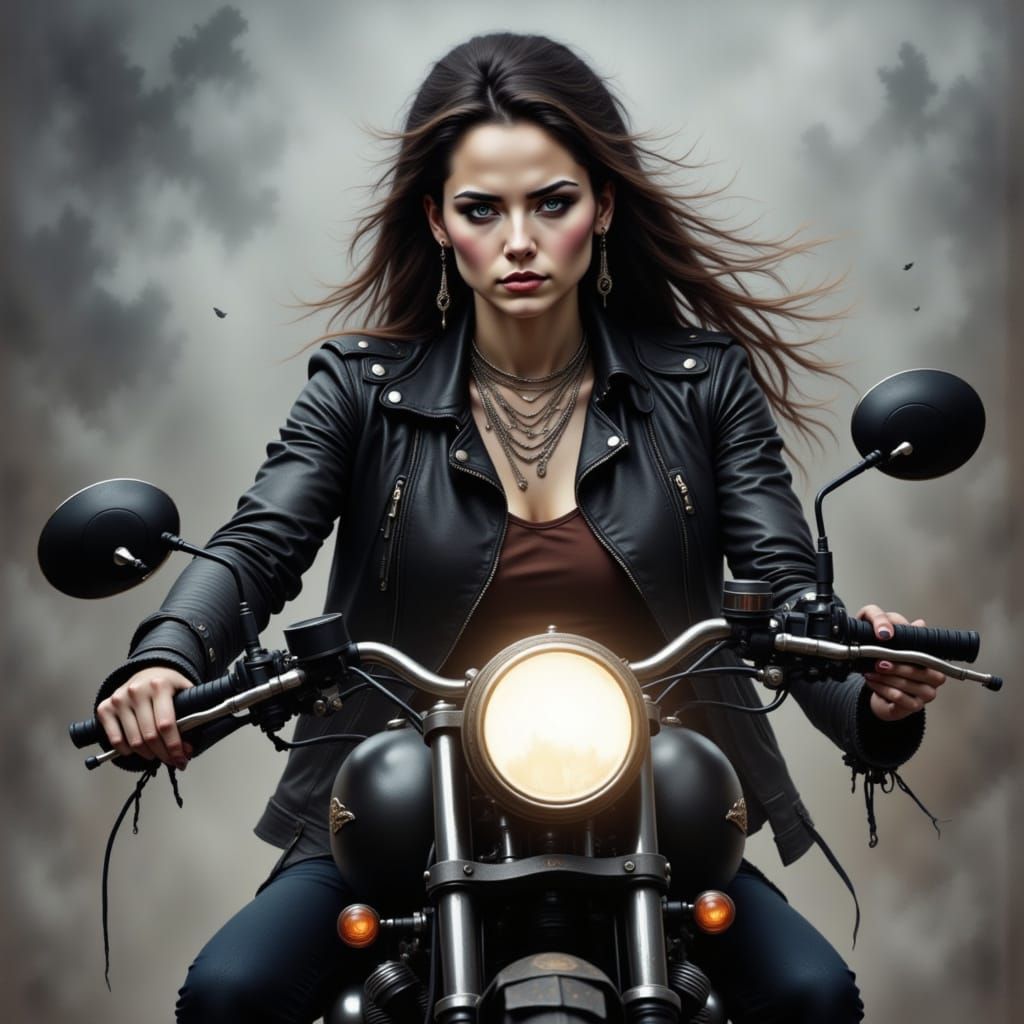 Woman in Leather Jacket Rides Motorcycle