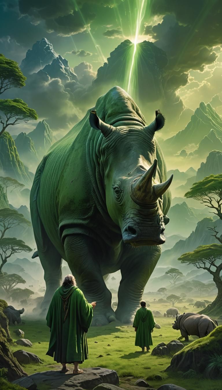 Mystical Man and Glowing Rhino in Dreamy Landscape