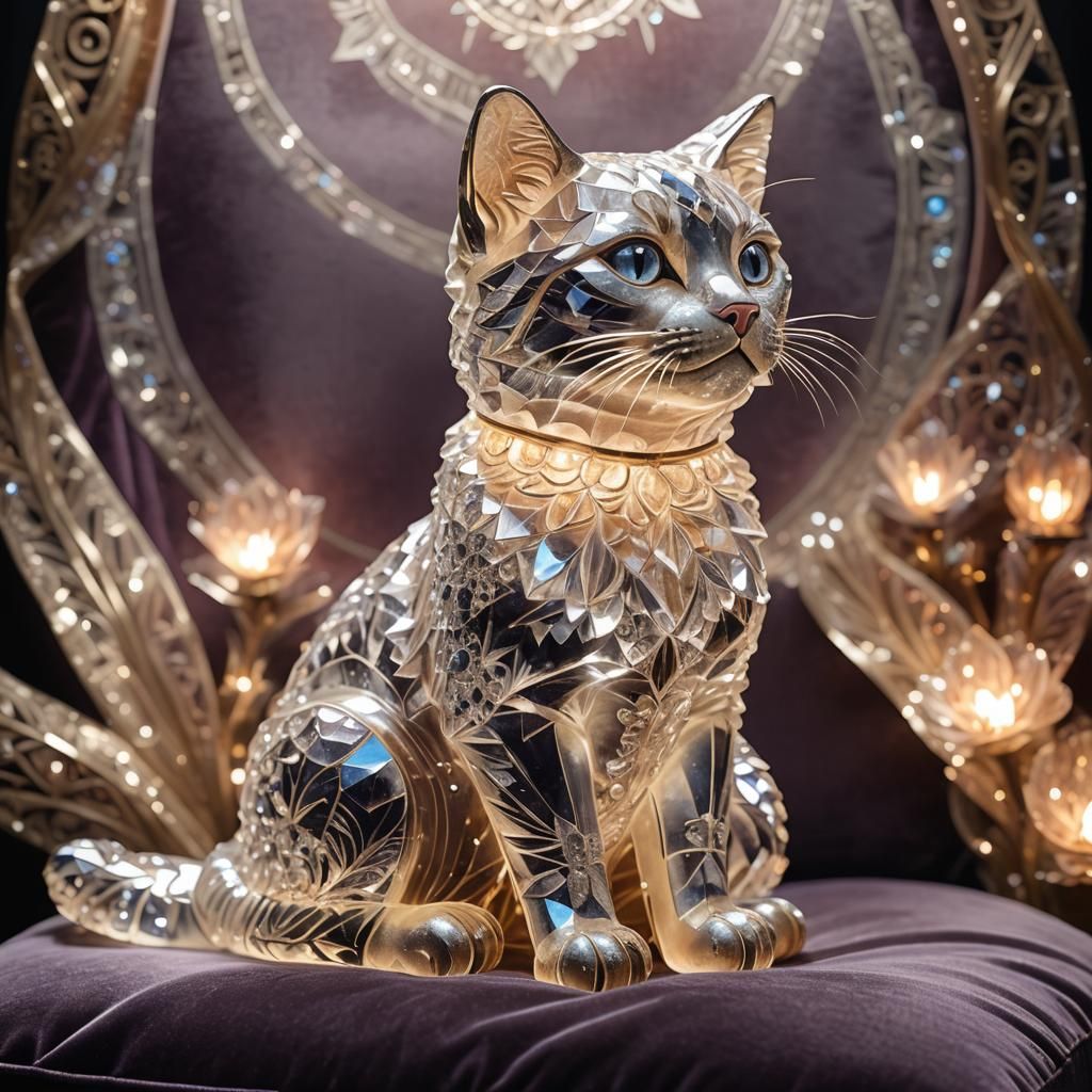 Glowing Crystal Cat on Velvet Cushion: Surreal Art