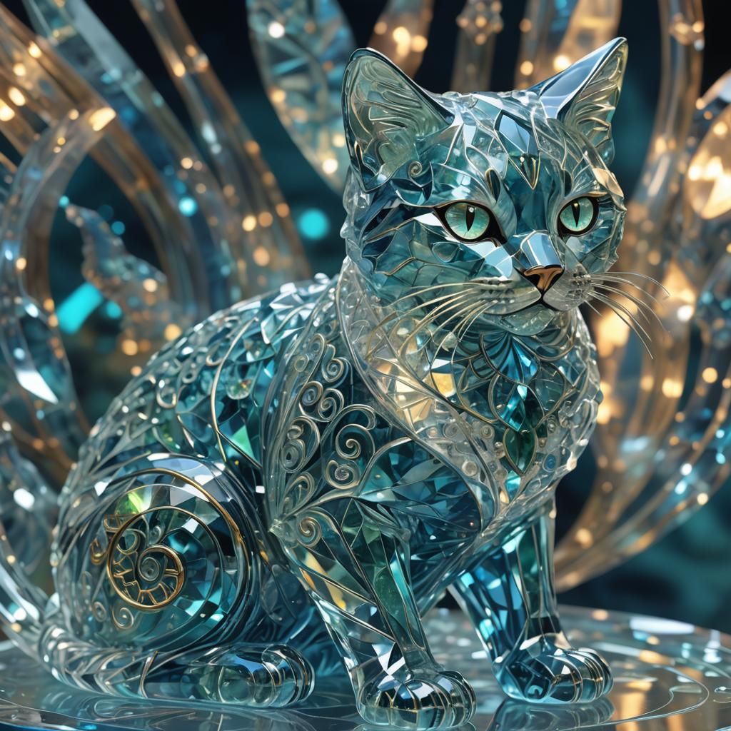 Glowing Bohemian Crystal Cat Figurine in Digital Art