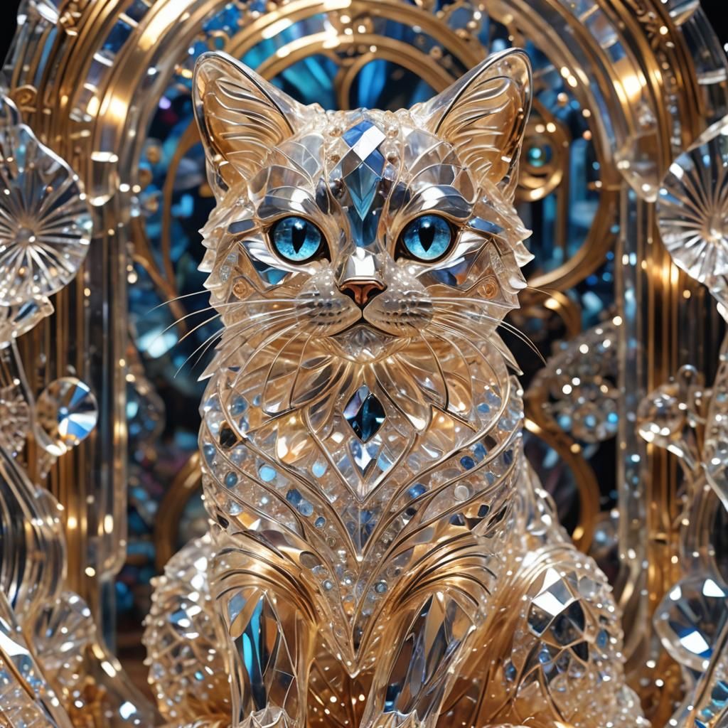Shimmering Crystal Cat Sculpture with Ethereal Glow