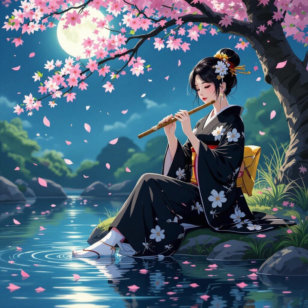 Japanese Woman Plays Flute Under Sakura Tree in Moonlight