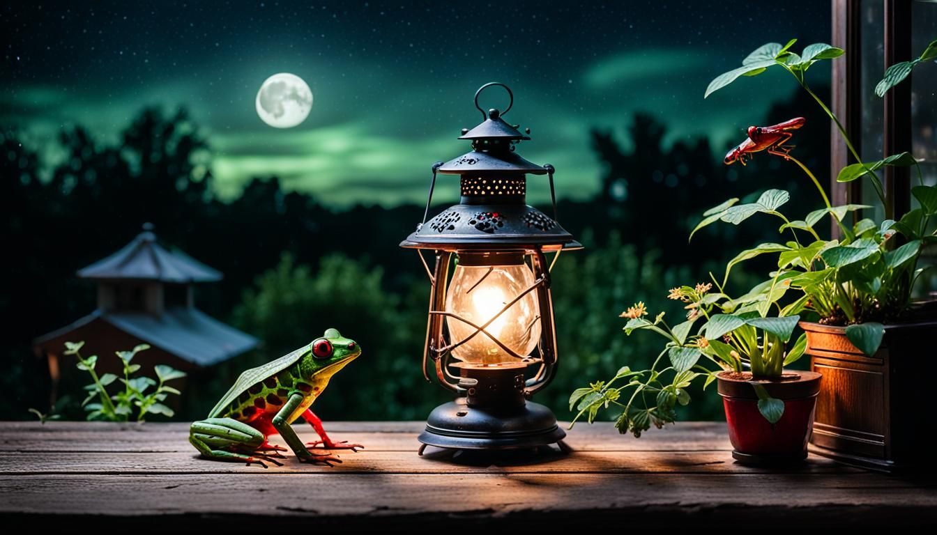 Lantern, Frog, and Moths in Night Scene