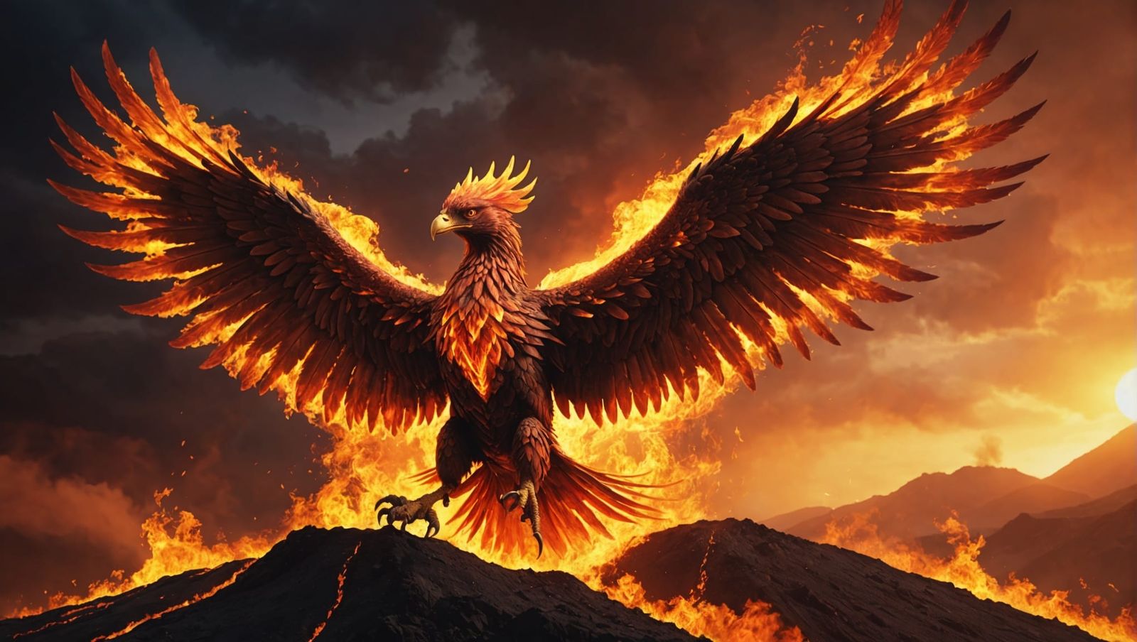 Majestic Phoenix Landing on Fiery Volcano