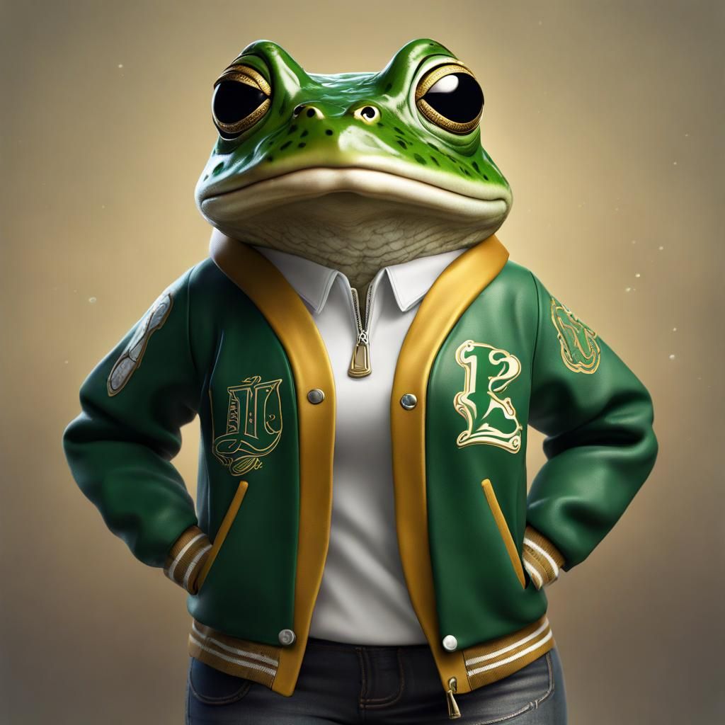 Female Bullfrog Mascot in Letterman Jacket