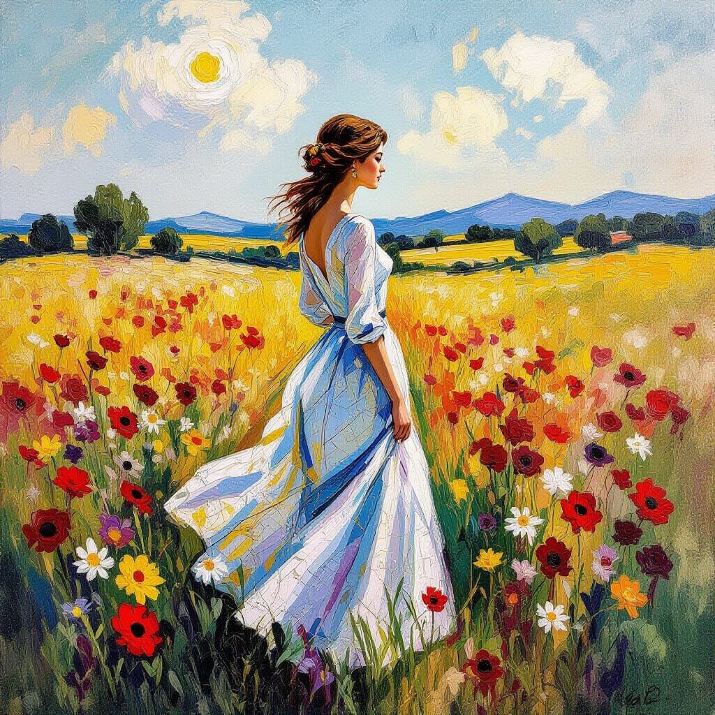 Neo-impressionism. Full shot. A majestic lady stands in a field of wildflowers, gazing into the distance, her body adorn...