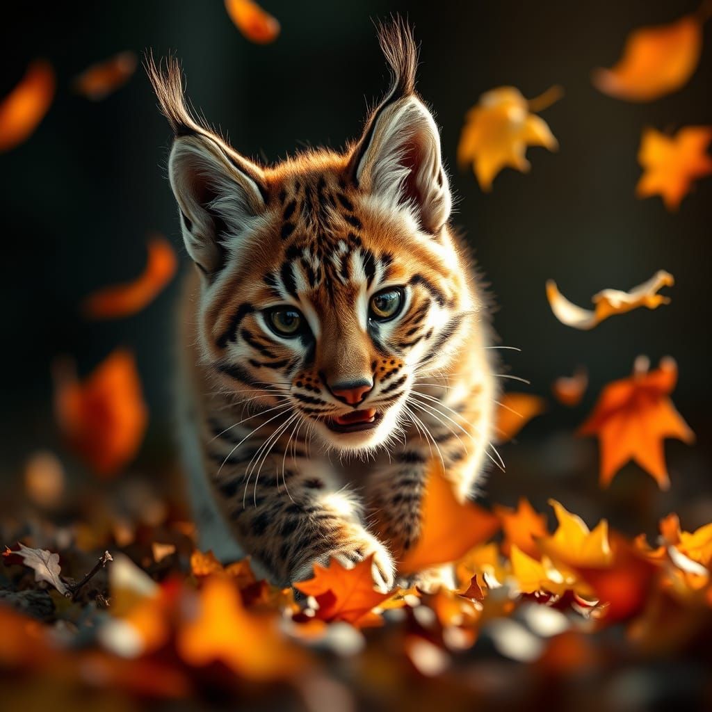 Fluffy Lynx Cub Pounces Among Autumn Leaves