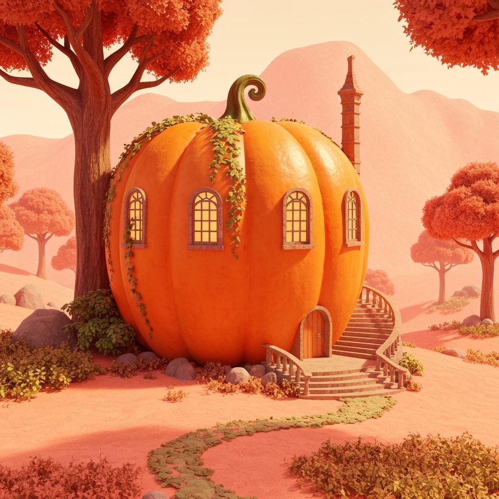 Whimsical Orange Pumpkin House in Peach Landscape