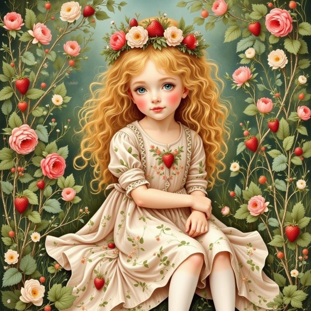 Surrealistic Portrait of a Young Girl in a Floral Garden