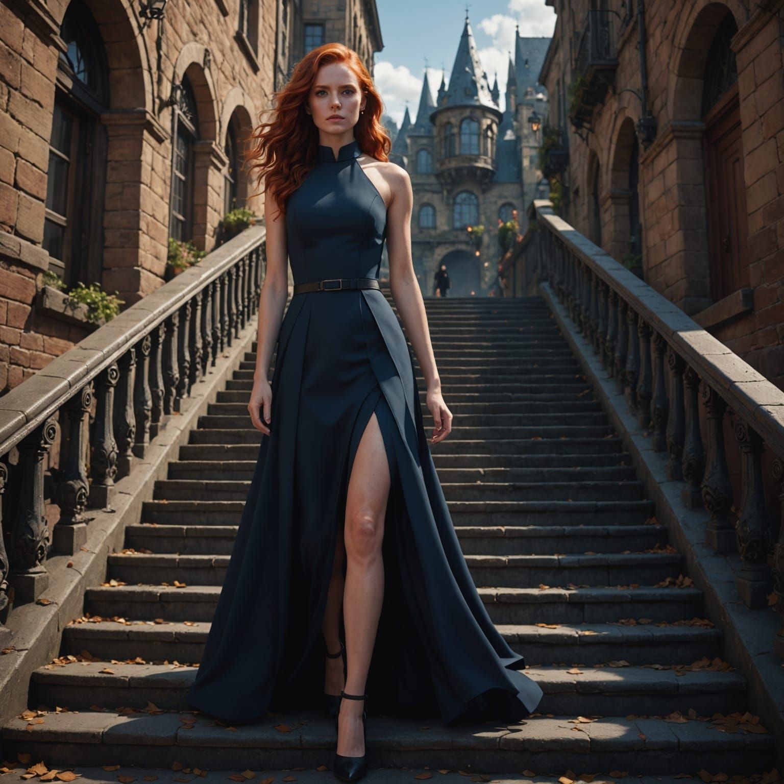 Young Woman Descends Stairs in Detailed Fantasy Art