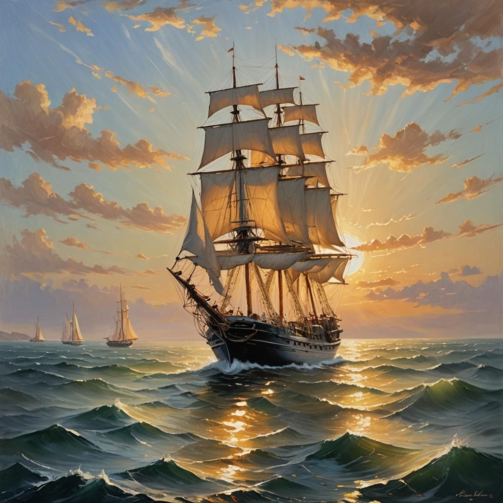 Impressionist Frigate Sailing at Sunset: Oil Painting