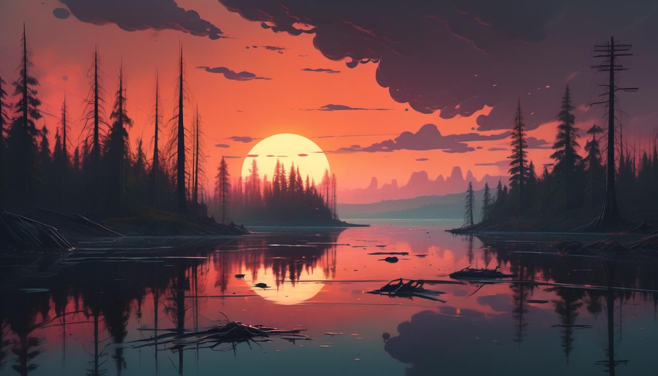 Serene Lake Oil Spill: Environmental Disaster at Sunset