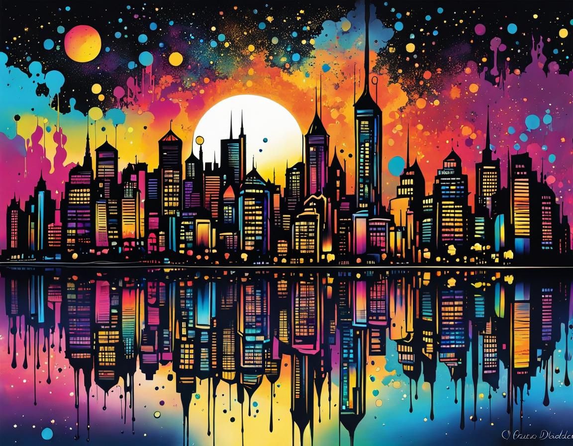 Inkpunk Cityscape at Night with Water Reflections