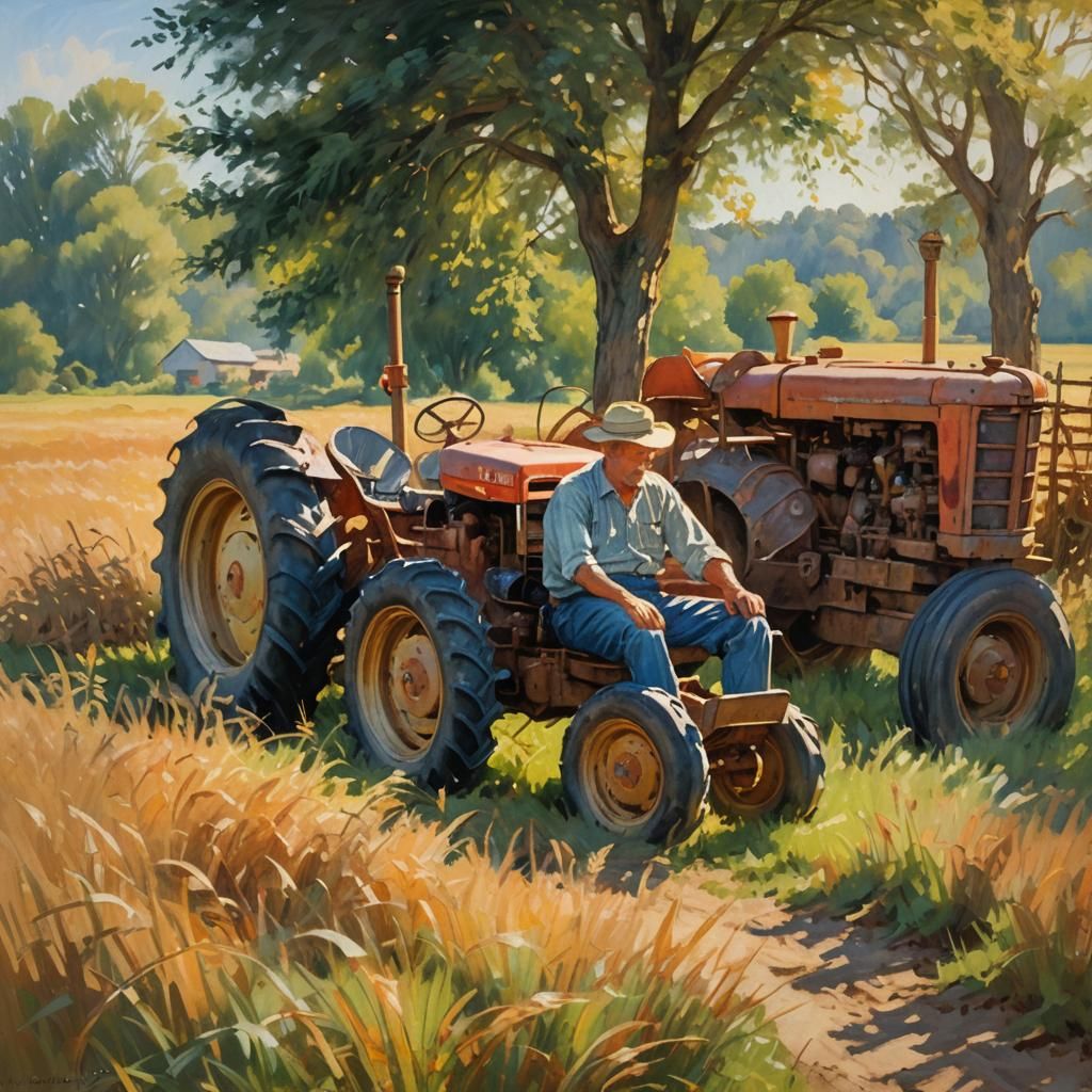 Idyllic Countryside: Farmer's Nap in Impressionist Style