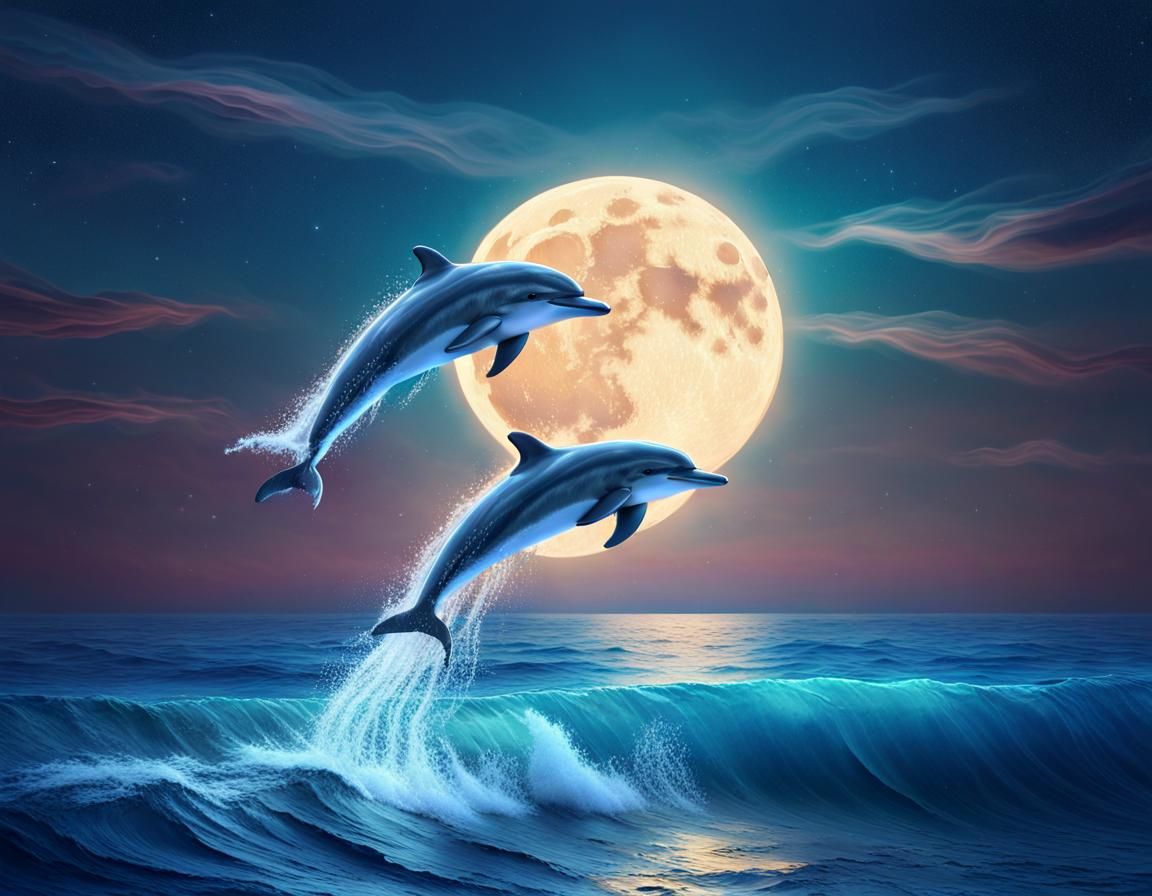 Moonlit Dolphins in a Serene Ocean, Digital Art
