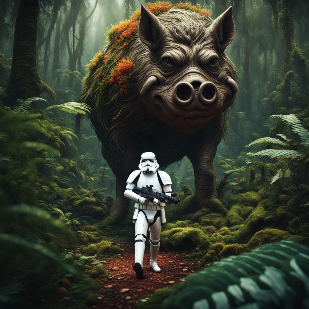 Stormtrooper Hunting Wild Boar in Rainforest
