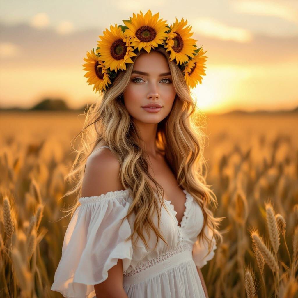 Woman with Sunflower Crown in Wheat Field, Pre-Raphaelite St...