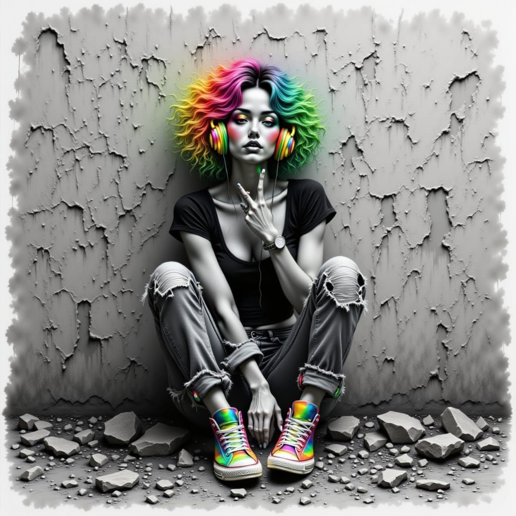 Rainbow Hair Grayscale Portrait in Urban Setting