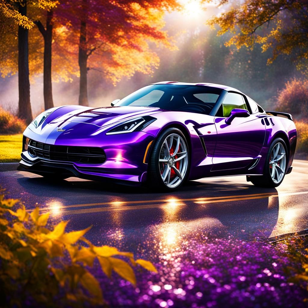 Purple 1980s Corvette on Autumn Road, HDR