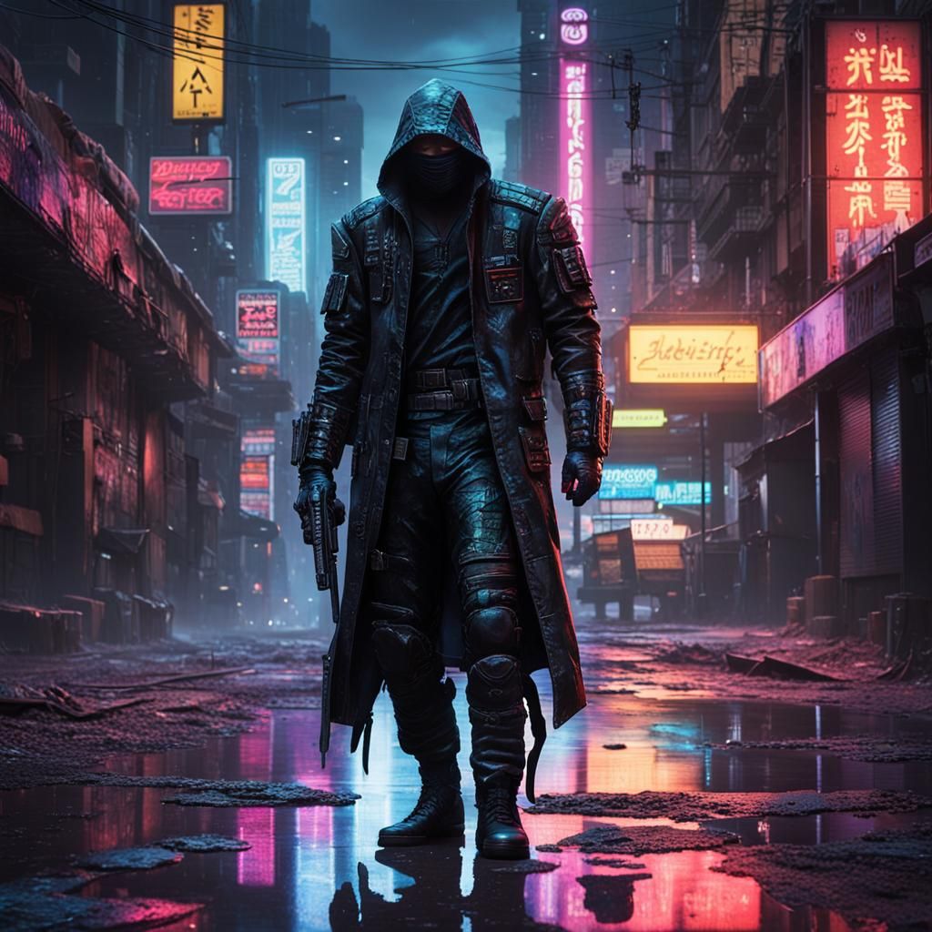 Cyberpunk Ninja in Bleak Cityscape at Midnight