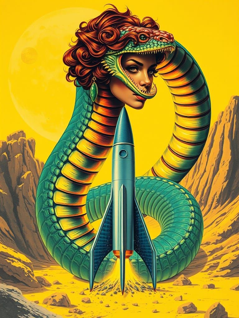 Vibrant Snake Goddess Entwines Vintage Space Rocket in Yello...