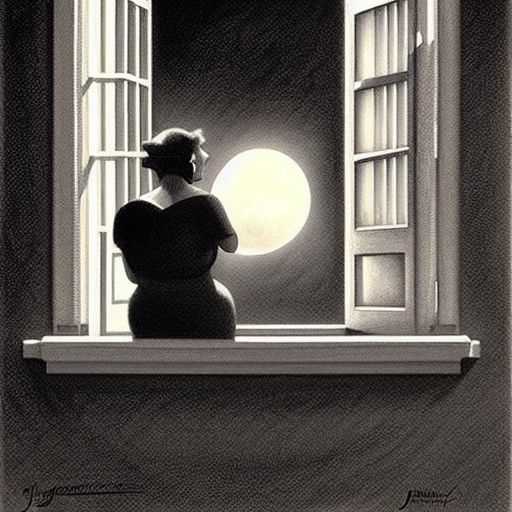 Mother and Son Moonlit Fire Escape: 1930s Charcoal Art