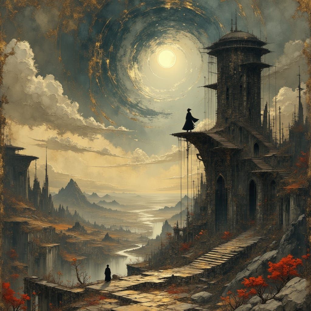 Wizard Conjures Sky Crack Above War-Torn Fantasy Landscape