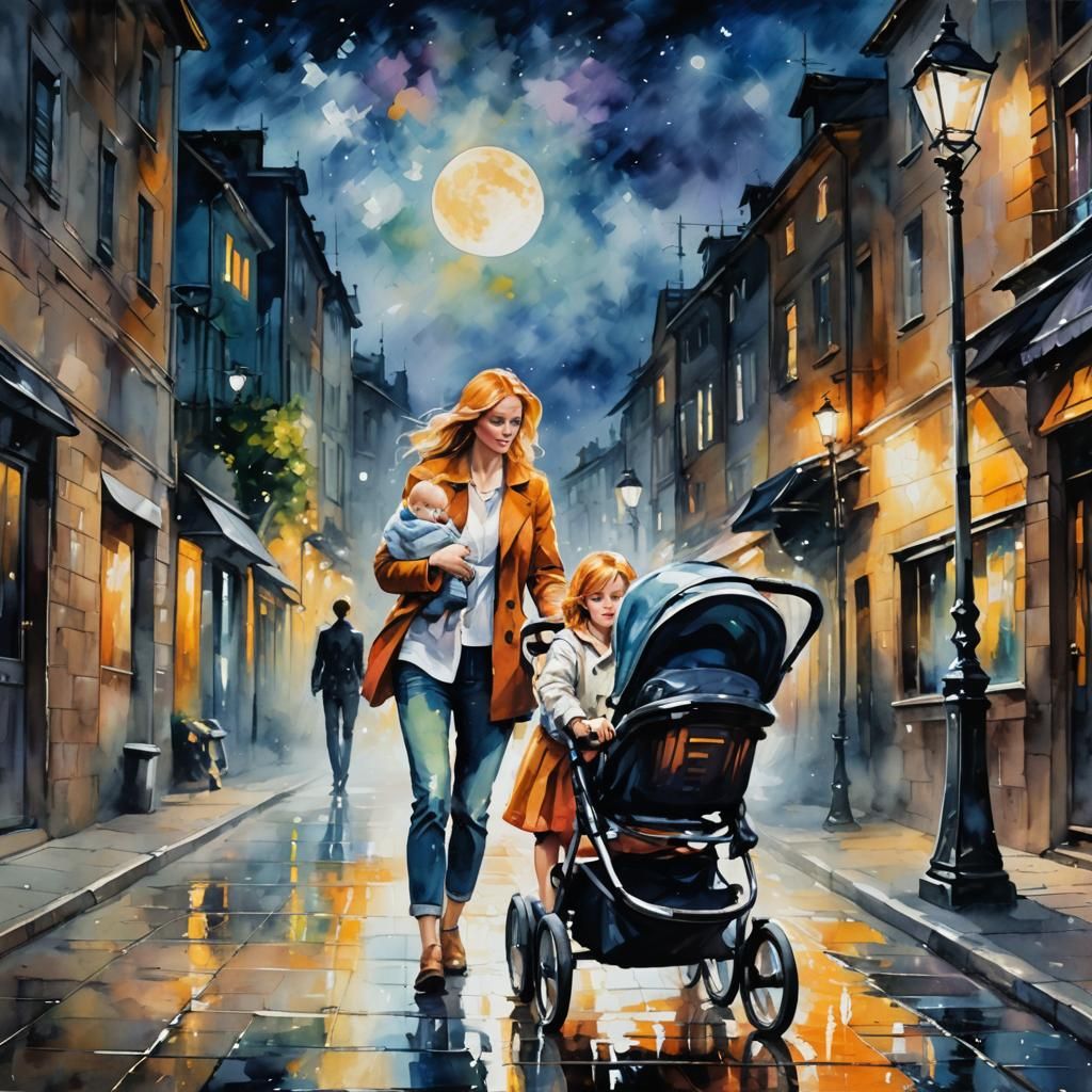 Curvy Mother and Stroller in Afremov Style