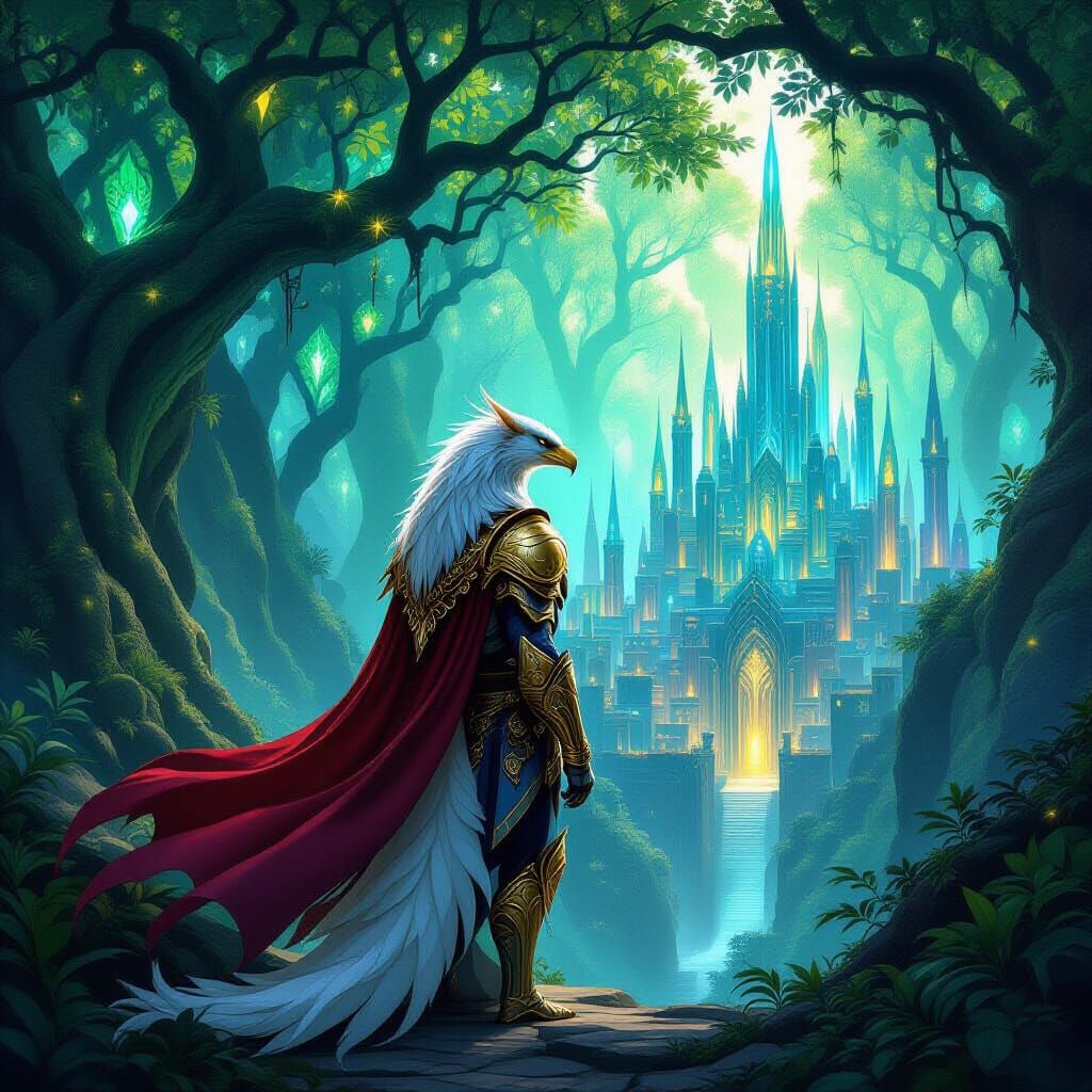 Griffin Guards Hidden Elven City in Bioluminescent Forest