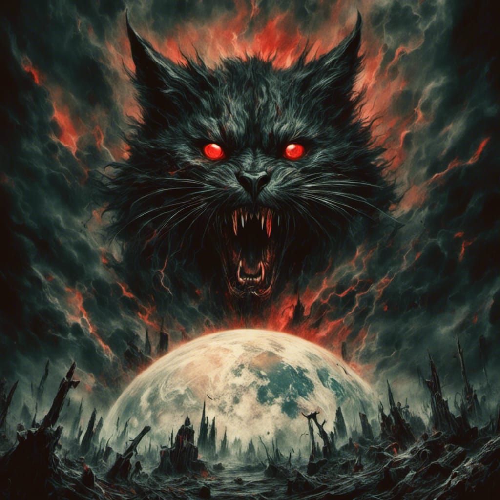 Giant Black Cat Devouring Earth in WWII Propaganda Style