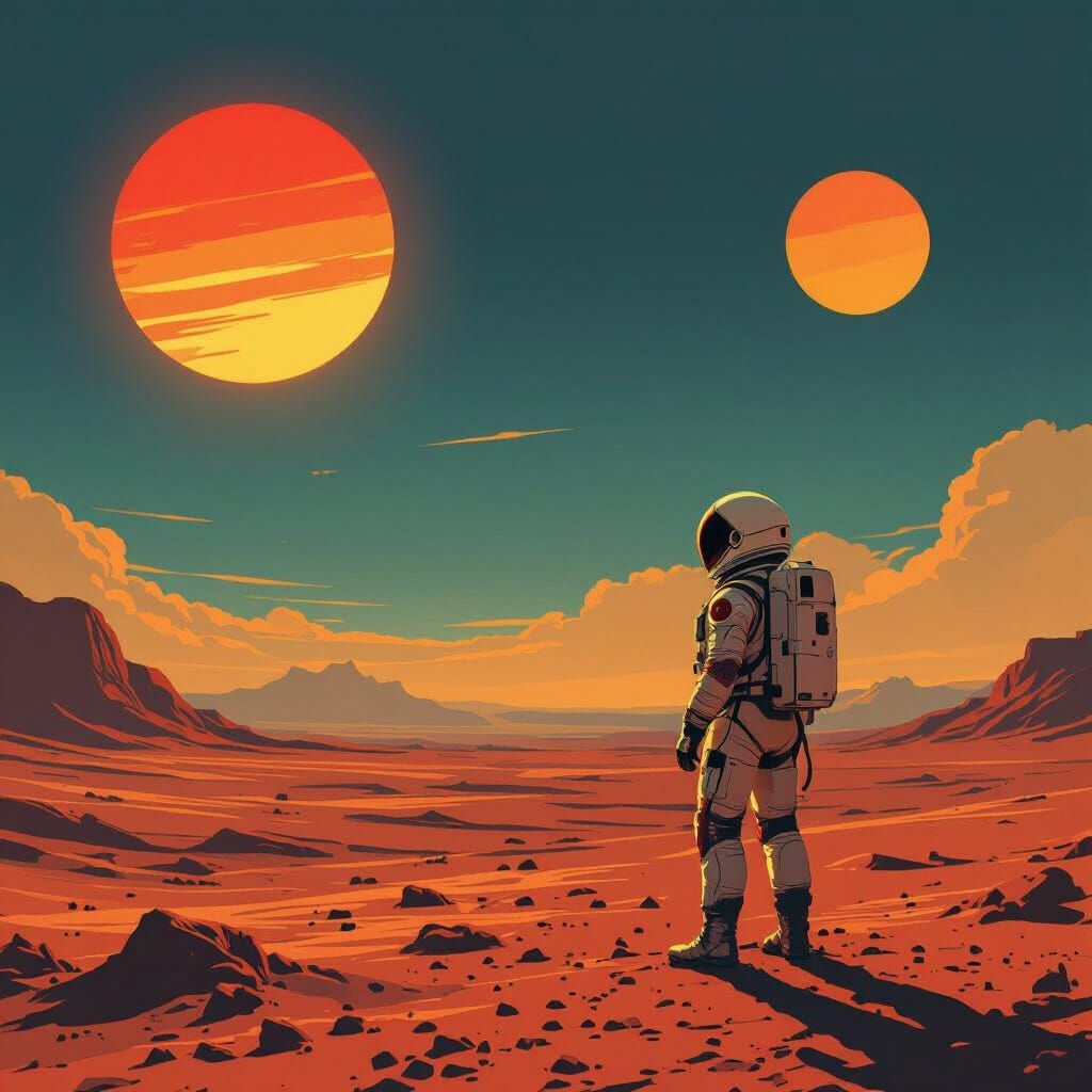 Astronaut Gazes at Binary Sunset on Alien World