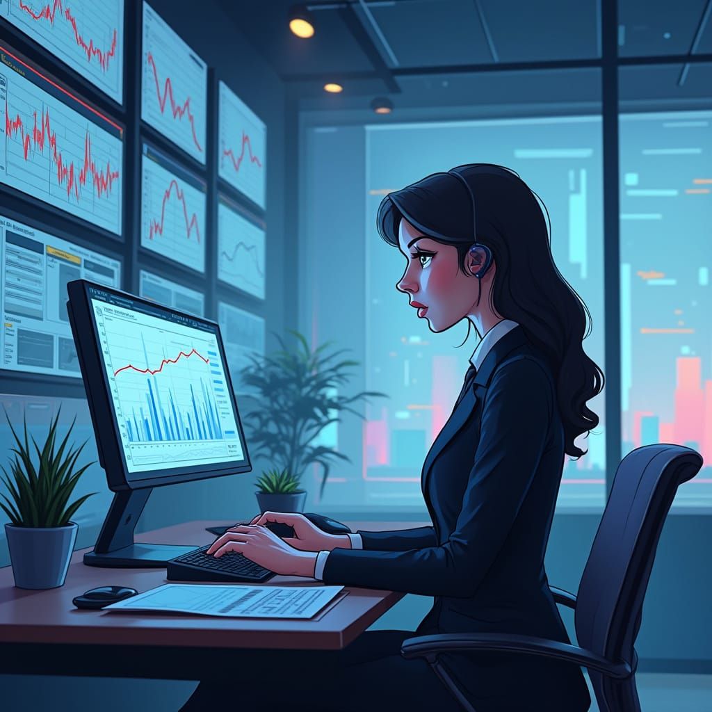 Businesswoman Analyzing Market Trends in Futuristic Office