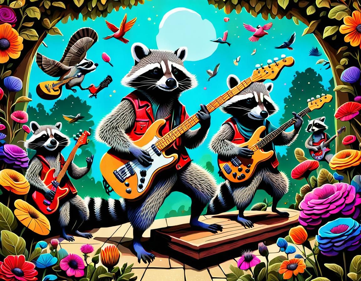 Raccoon Rock Band on Stage in Surreal Garden
