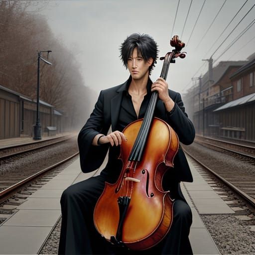 Sensual Cellist Beside Train Tracks in Expressive Alla Prima...