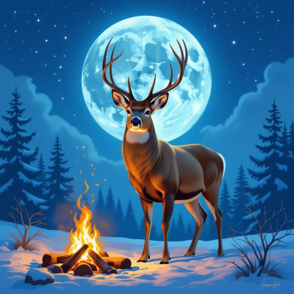 Golden Deer Under Ice Blue Moonlit Sky