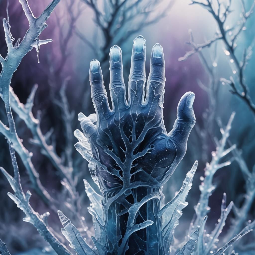 Translucent Hand of Ice in Frozen Mist