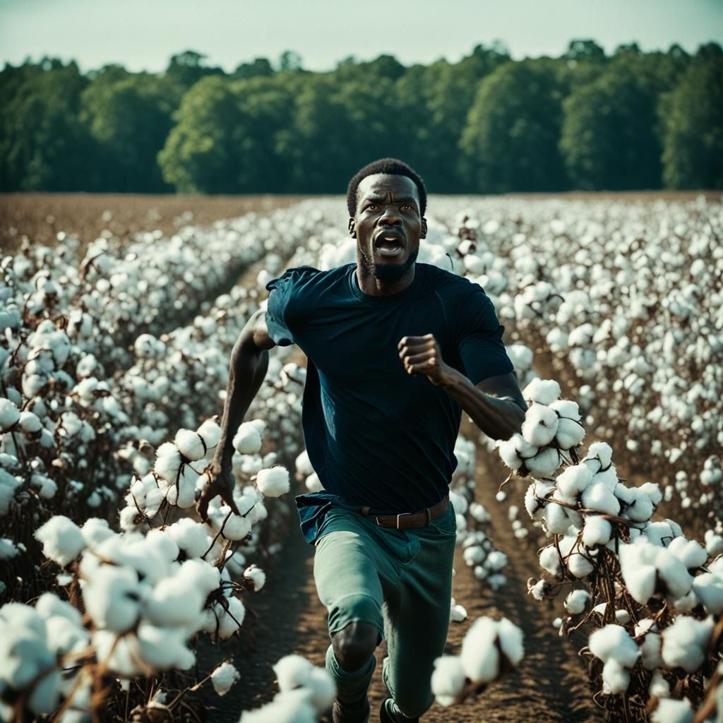 Cinematic Film Still of Man Running Through Field