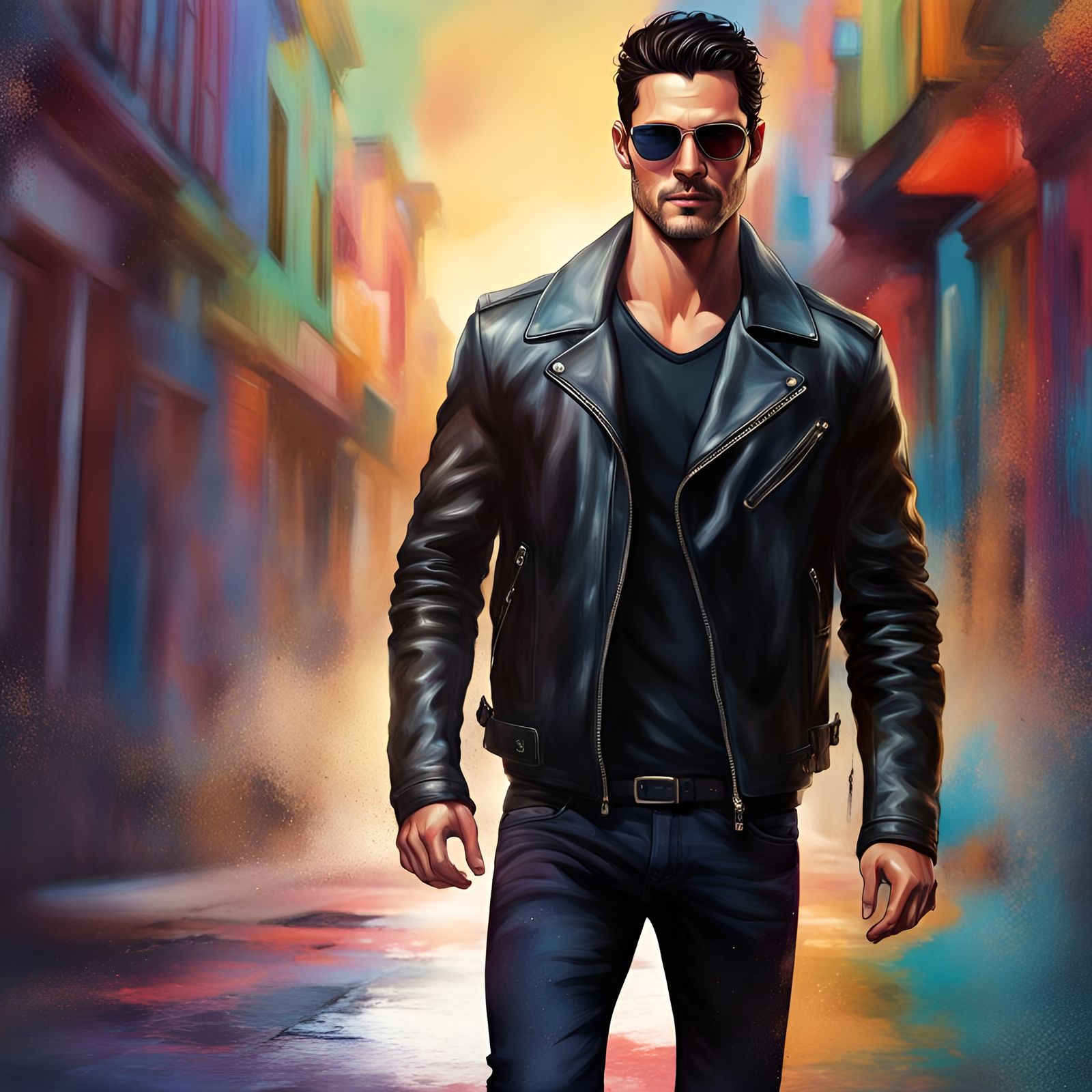 Hyperrealistic Portrait of a Handsome Man in Leather Jacket