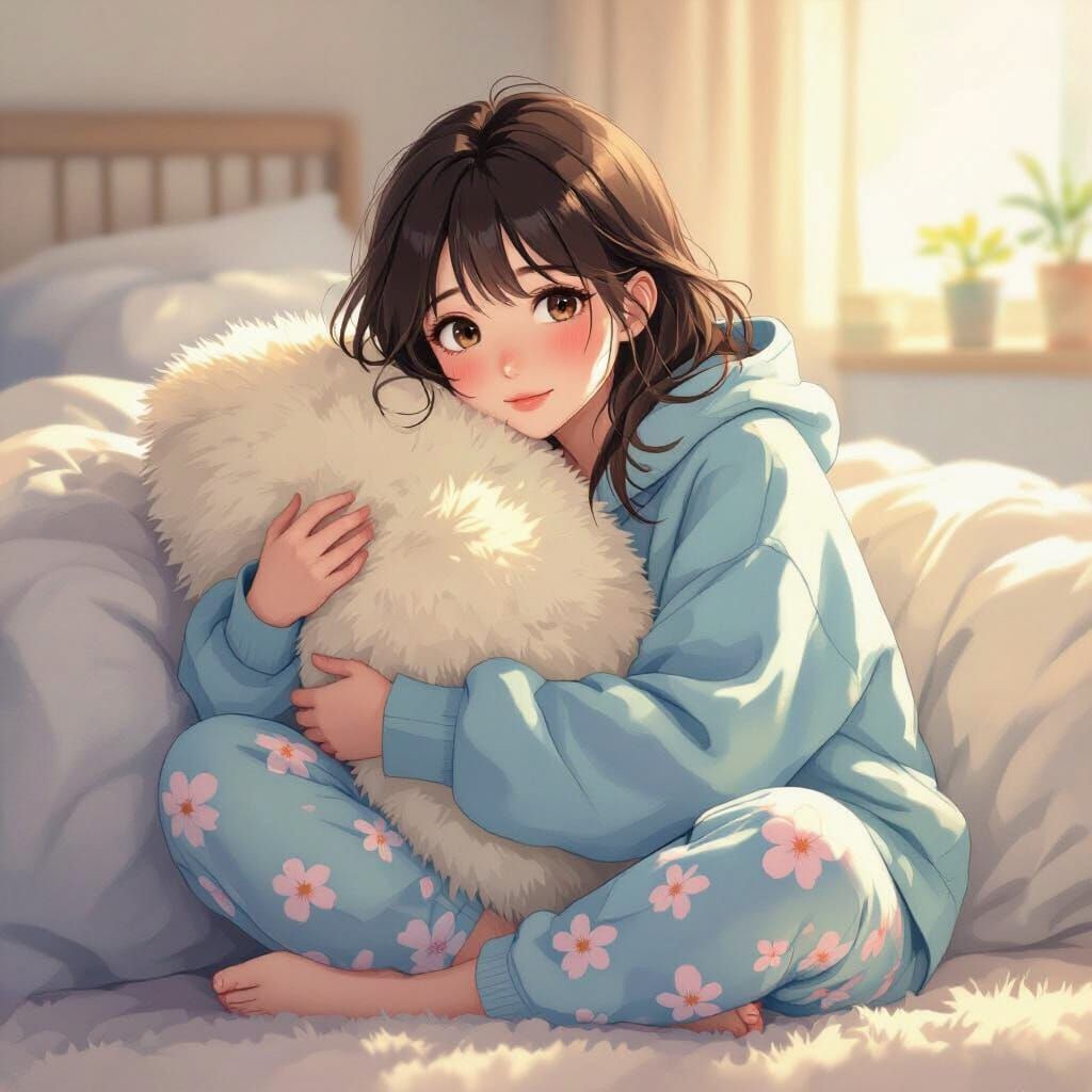 Girl in Bedroom with Pillow, in Anime Style