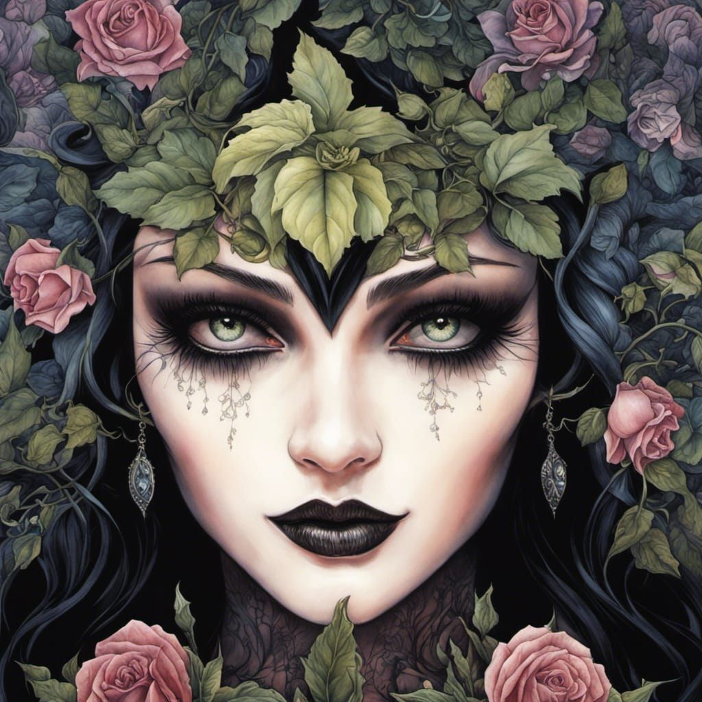 Gothic Witch with Black Roses in Mixed Media Style