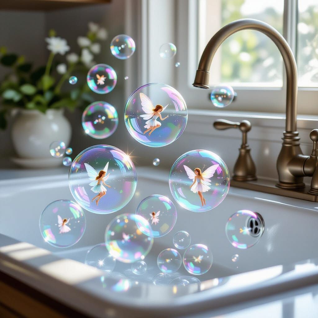 Ethereal Fairies in Iridescent Bubbles Over Kitchen Sink
