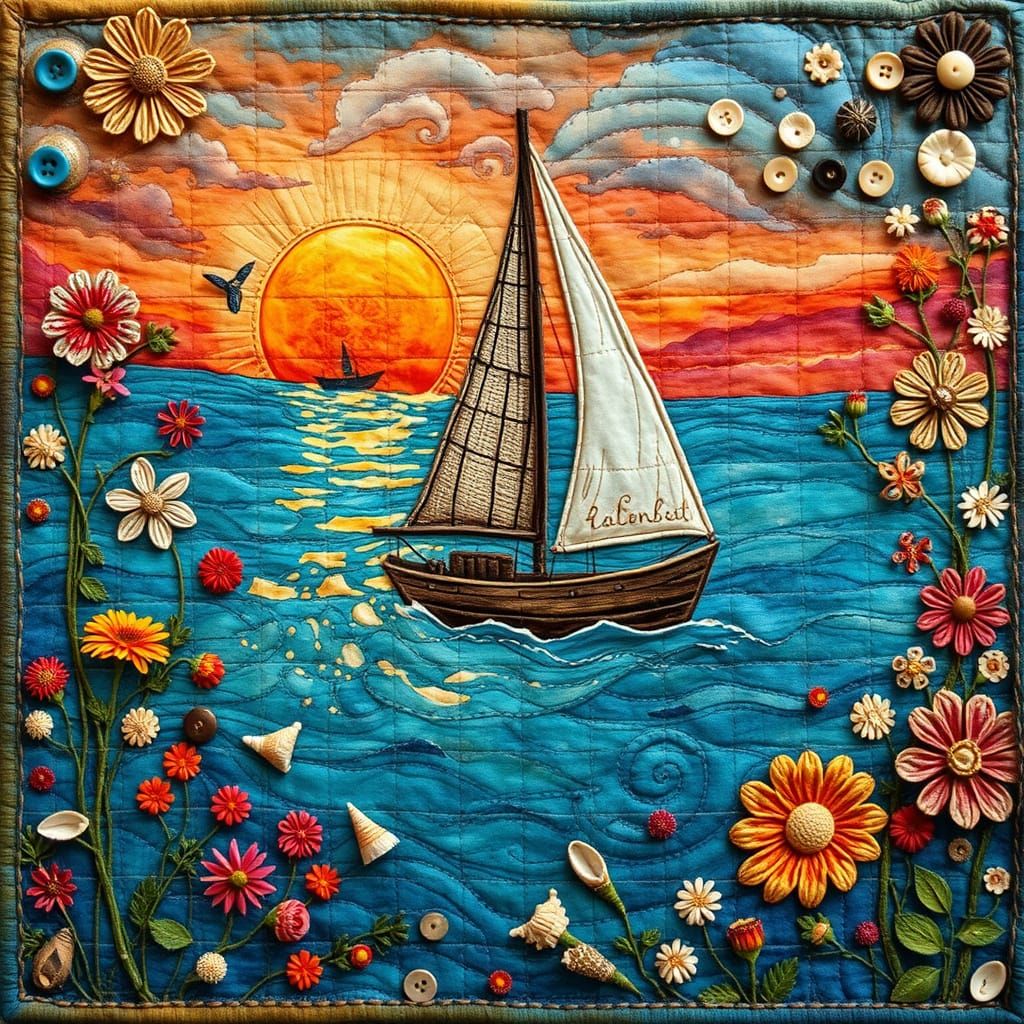 Vibrant Steampunk Sailboat Illustration in Mixed Media Quilt