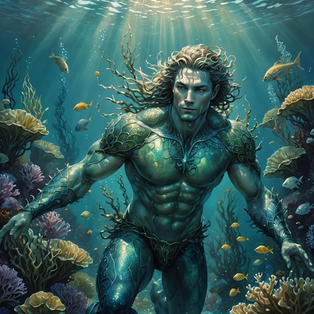 Majestic Humanoid Swims Undersea, Fantasy Illustration