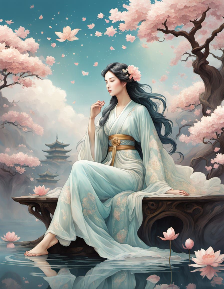 Serene Goddess on Lotus in Art Nouveau Style