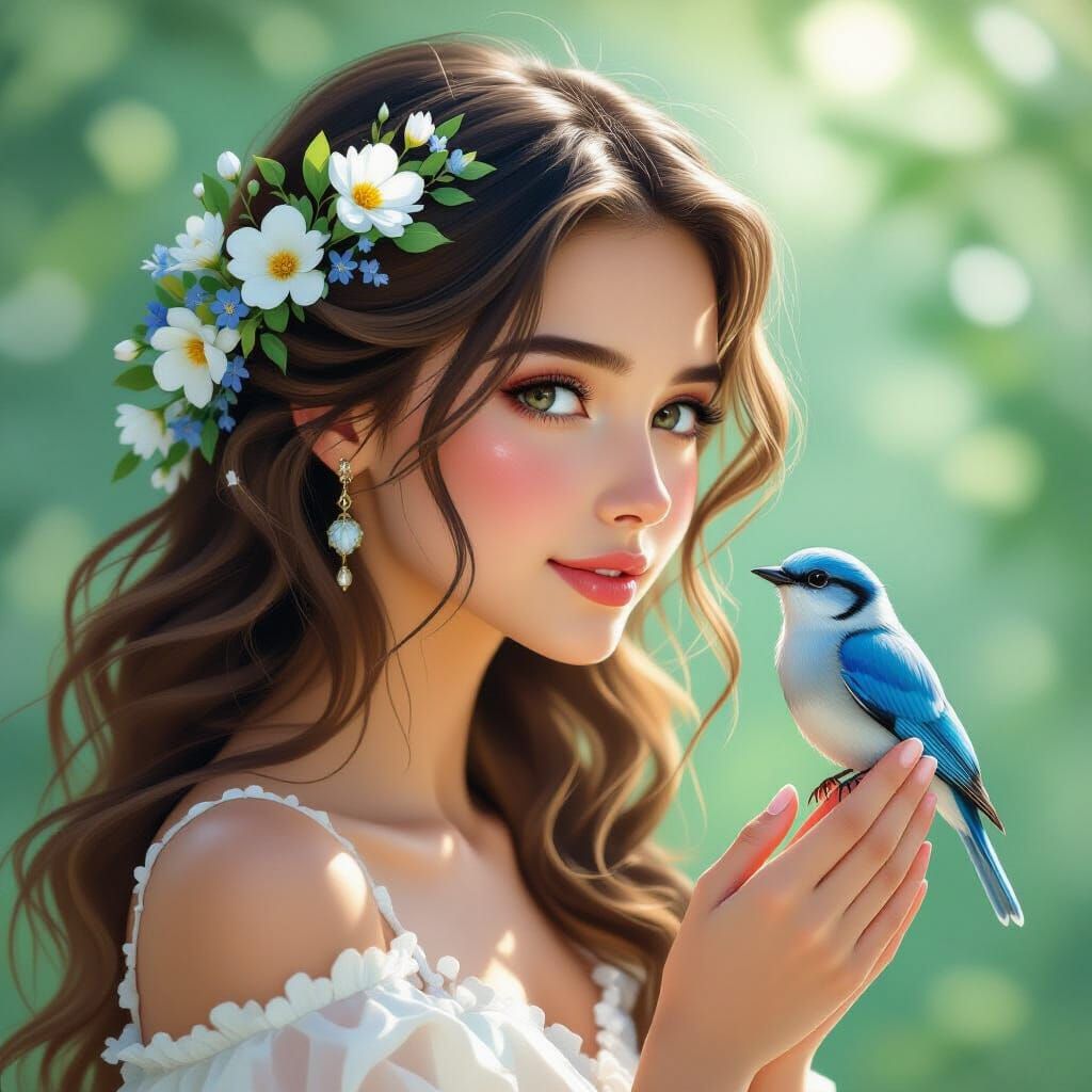 Woman with Flowers and Bird, Digital Illustration