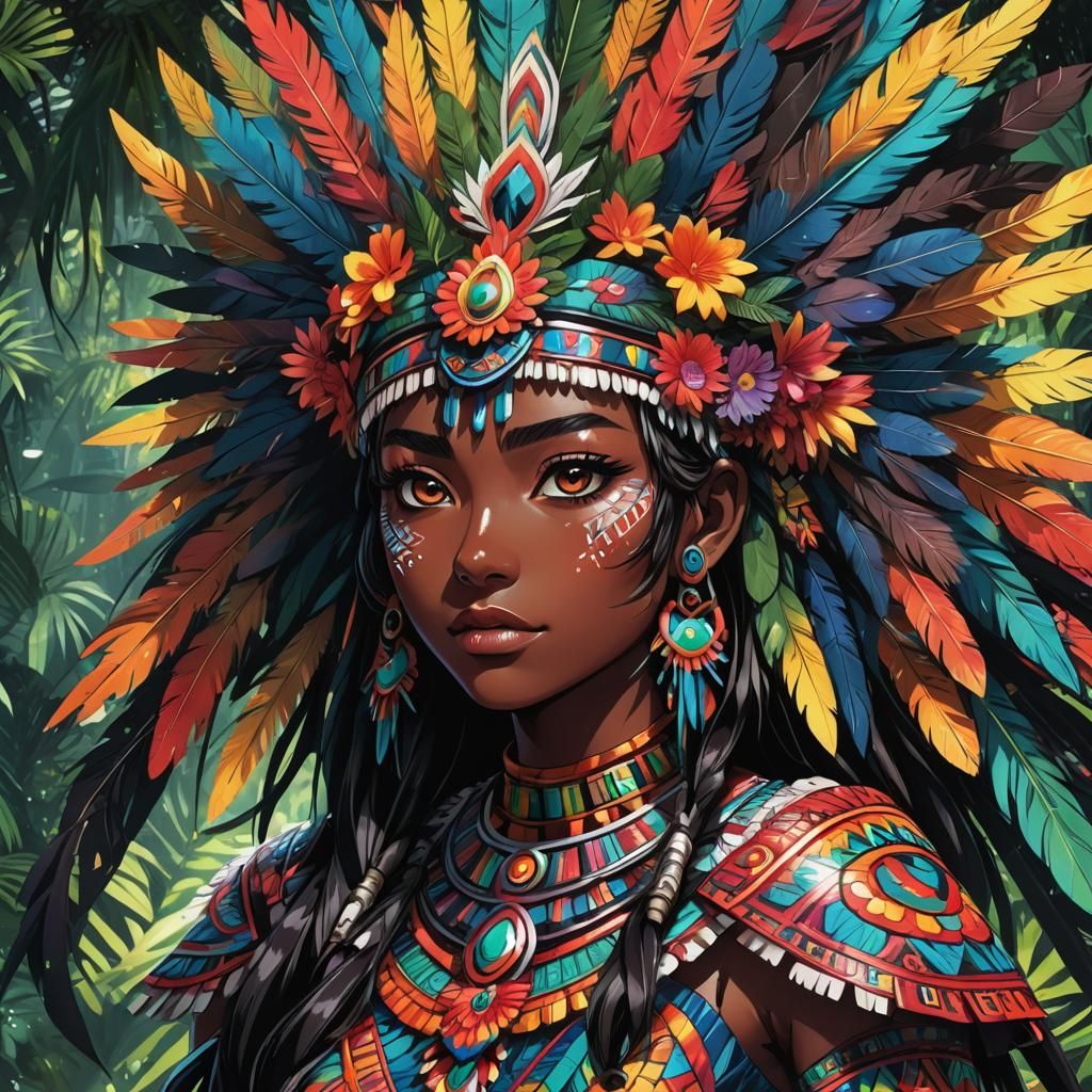 Aztec Anime Girl in Vibrant Jungle, Neo-Cubism Style