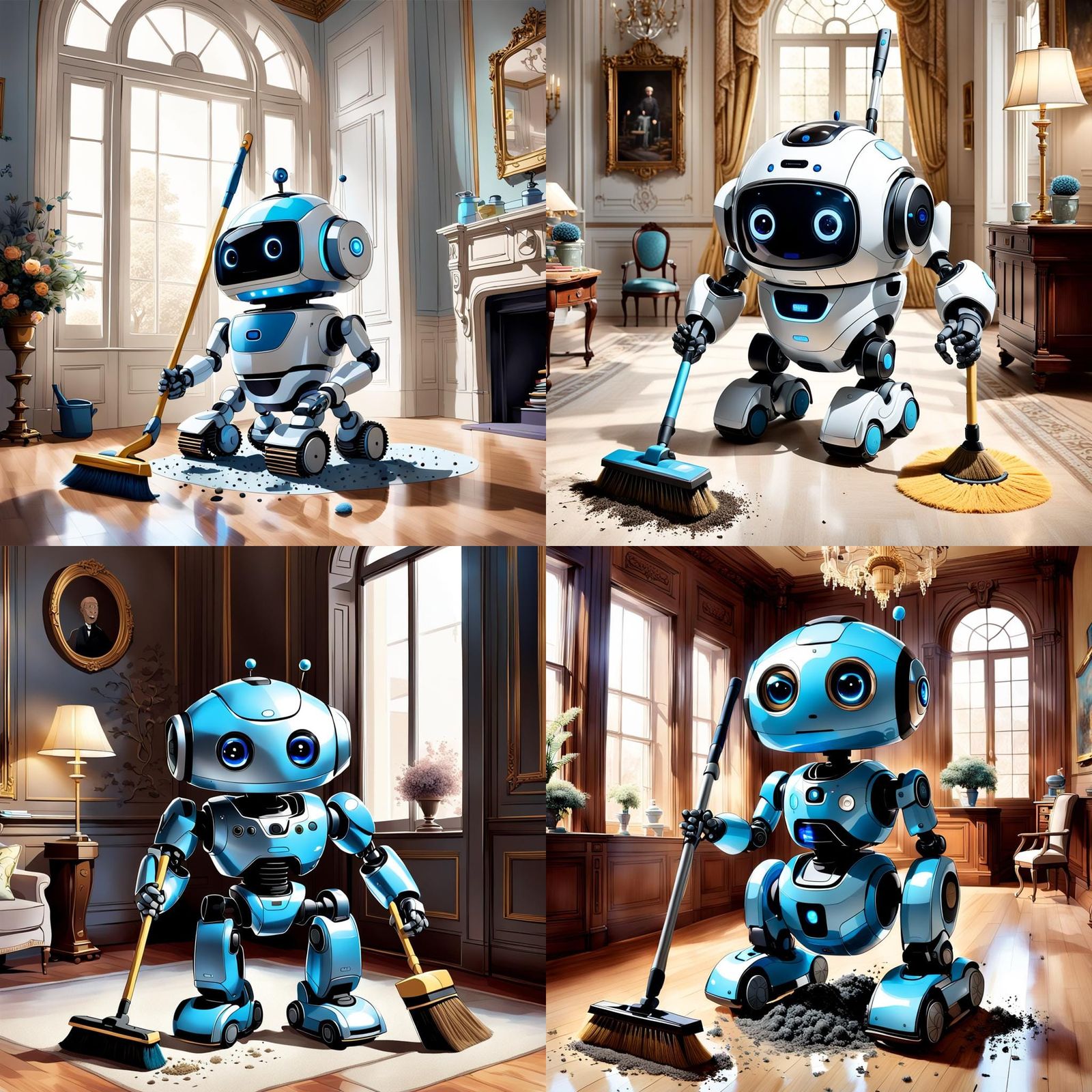 Cute Robot Struggles With Dust Pile in Grand Room