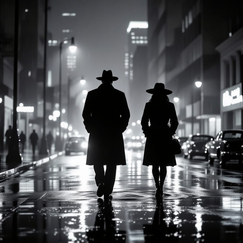 Noir Shadowy Figure Follows Suspect in Rainy LA